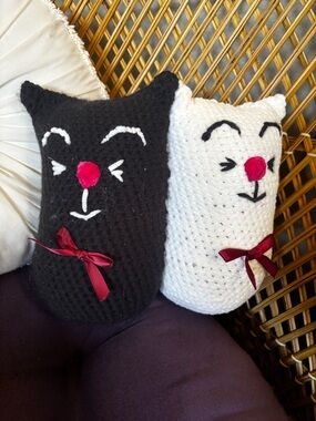 Handmade Black and White Cat Crochet Pillow Plush
